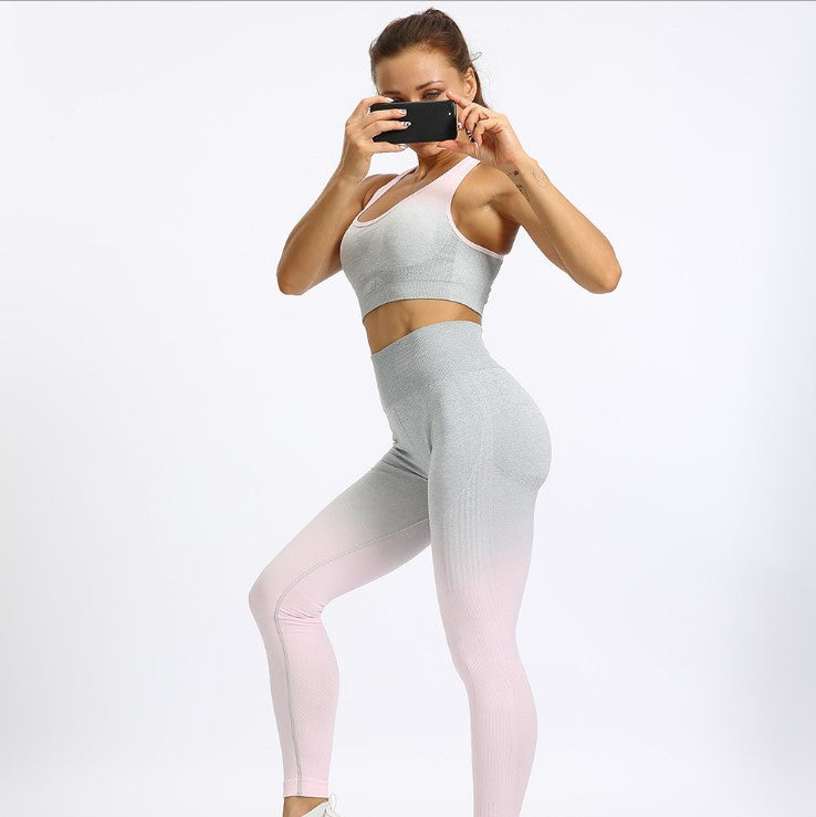 Factory-priced high-waist hip-lifting seamless sports cover slimming yoga suit breathable and quick-drying gradient color suit